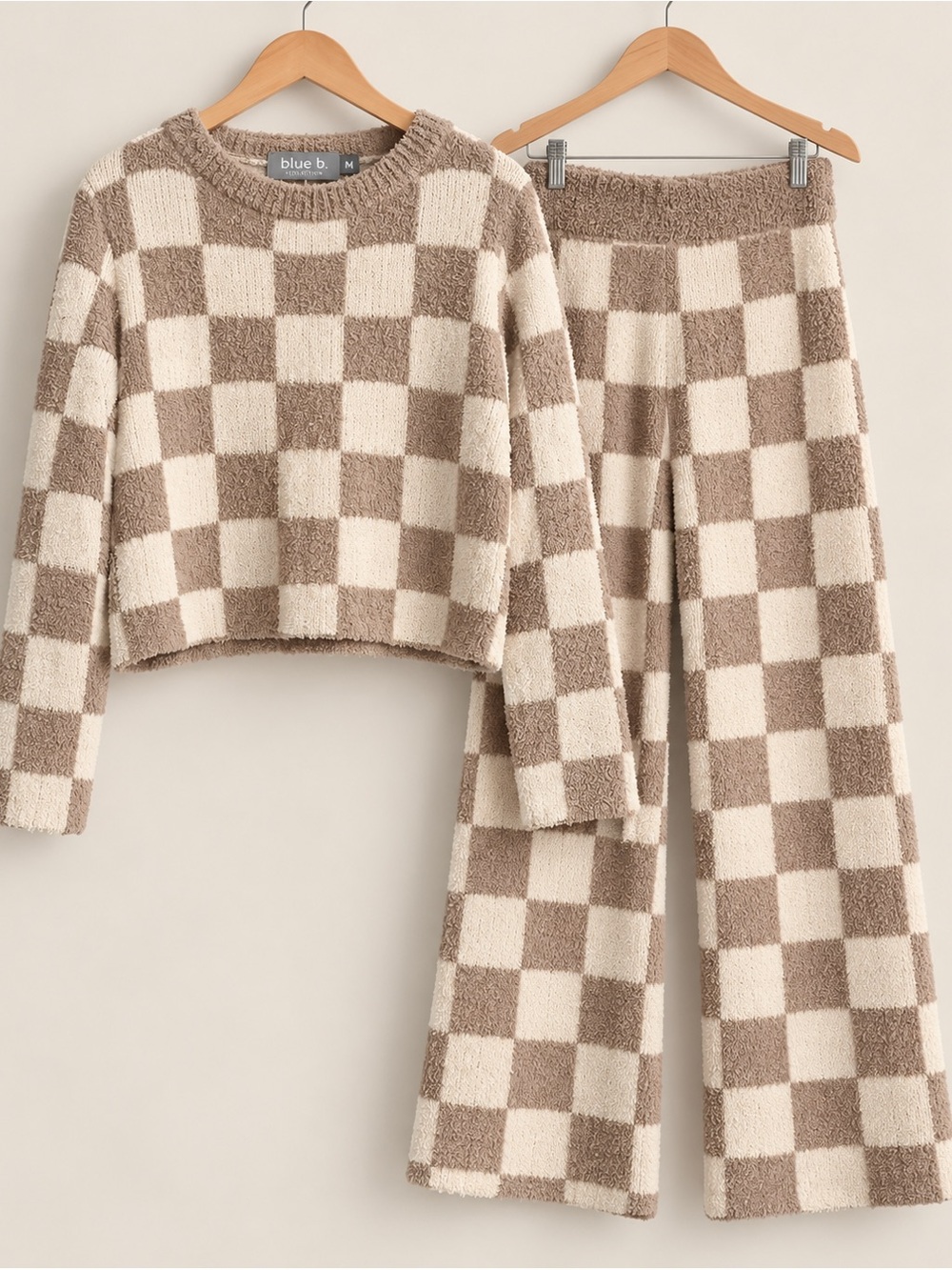 Checkerboard Crewneck Sweater Set in Cream and Tan